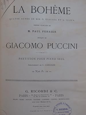 PUCCINI Giacomo La Bohème Opéra Piano solo 1898