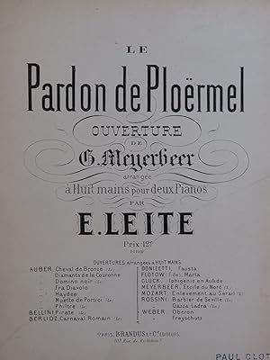 MEYERBEER G. Le Pardon de Ploërmel Ouverture Piano 8 mains ca1876