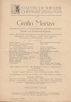 Bild des Verkufers fr Theaterzettel Emmerich Kalman GRFIN MARIZA Spielzeit 1949 / 50 zum Verkauf von Programmhefte24 Schauspiel und Musiktheater der letzten 150 Jahre