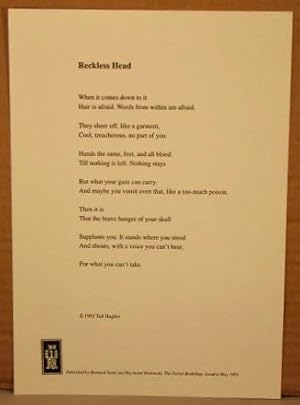 Seller image for Reckless Head. BROADSIDE 8.2x11.8 inches. for sale by Bucks County Bookshop IOBA