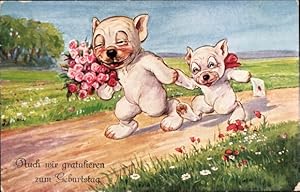 Ansichtskarte / Postkarte Glückwunsch Geburtstag, Bonzo the dog, zwei Hunde mit Rosen