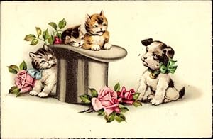 Bild des Verkufers fr Ansichtskarte / Postkarte Drei kleine Katzen und ein Hund, Rosen, Zylinder zum Verkauf von akpool GmbH