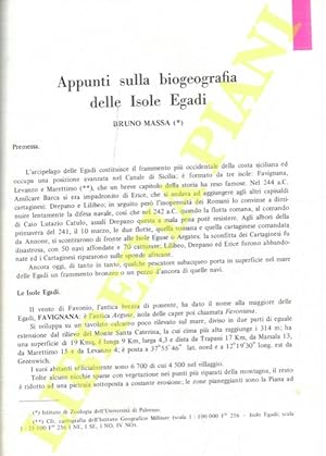Bild des Verkufers fr Appunti sulla biogeografia delle Isole Egadi. zum Verkauf von Libreria Piani