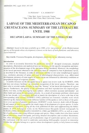 Larvae of the mediterranean decapod crustaceans: Summary of the literature until 1988.