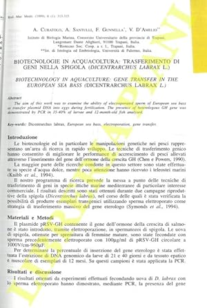 Biotecnologie in acquacoltura: trasferimento di geni nella spigola (Dicentrarchus labrax L.).