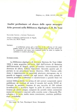 Seller image for Analisi preliminare ed elenco delle opere monografiche presenti nella Biblioteca Algologica G.B. De Toni. for sale by Libreria Piani