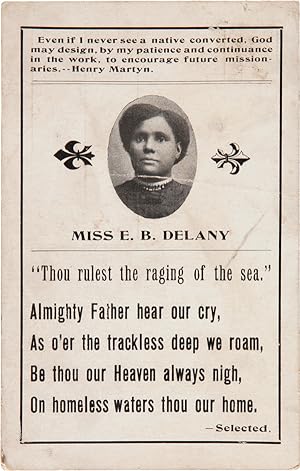 [PICTORIAL POSTCARD PROMOTING AFRICAN- AMERICAN MISSIONARY EMMA BEARD DELANEY, FILLED OUT BY DELA...