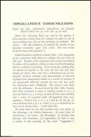 Seller image for Colonel Lorimer's Phonetics of Gilgit Shina. An uncommon original article from the Royal Asiatic Society , 1924. for sale by Cosmo Books