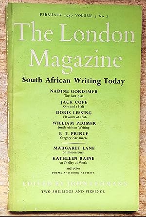 Image du vendeur pour The London Magazine February 1957 South African Writing Today / Peter Jackson "Dombashawa (poem)" / Nadine Gordimer "The Last Kiss" / Anthony Delius "The Forebrain Fishing" / Jack Cope "One and a Half" / Ruth Miller "Tembeni" / Doris Lessing "Flavours of Exile" / F T Prince "Gregory Nazianzen (poem)" / William Plomer "South African Writing" mis en vente par Shore Books