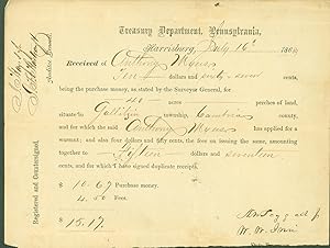 Certificate, Treasury Department, Harrisburg, Pennsylvania, for 40 acre land purchase, 1868