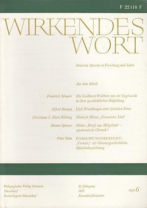 Imagen del vendedor de WIRKENDES WORT - Heft 6/1972 - Deutsche Sprache in Forschung und Lehre 22. Jahrgang a la venta por Versandantiquariat Nussbaum