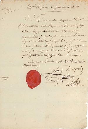 [Napoleonica: Dekret des 21. Regiments der Chasseurs à Cheval von 1792]. -