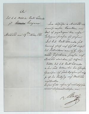 Handschreiben an das k. k. Militär Stadt Commando zu Bergamo mit eigenh. Unterschrift Radetzkys.