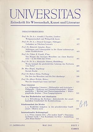 Imagen del vendedor de Universitas 17. Jahrgang 1962 - Heft 5 - Zeitschrift fr Wissenschaft, Kunst und Literatur a la venta por Versandantiquariat Nussbaum