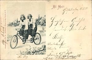 Ansichtskarte / Postkarte Zwei Frauen auf einem Tandem, Fahrrad, All Heil