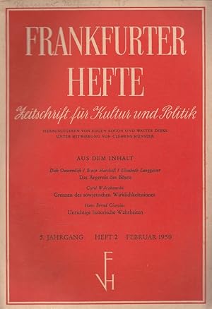 Bild des Verkufers fr Frankfurter Hefte 2/1950 (5. Jahrgang) Zeitschrift fr Kultur und Politik. zum Verkauf von Versandantiquariat Nussbaum