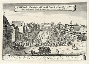 Bild des Verkufers fr Rossmarkt ('Abbildung der Rennbahn auff dem Rossmarckt in Franckfurt am Mayn Allwoh das Ritterliche Kpffe Rennen gehalten worden. den 30 Juny - 10 Jully A. 1658.'). zum Verkauf von Antiquariat Norbert Haas