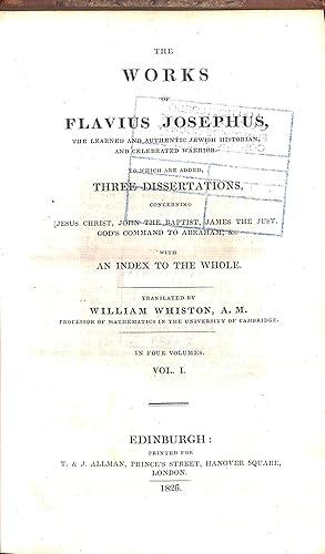 Bild des Verkufers fr The Works of Flavius Josephus, The Learned and Authentic Jewish Historian, and Celebrated Warrior (4 Volumes) zum Verkauf von WeBuyBooks