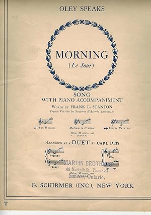 Morning ( Le Jour ) Song with Piano Accompaniment for Low Voice in B Flat Minor