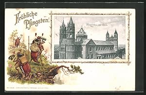 Passepartout-Lithographie Worms, der Dom, Maikäfer mit Fernglas auf Wanderschaft