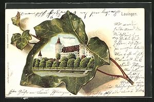 Passepartout-Lithographie Lauingen, Schloss in Efeu-Blatt