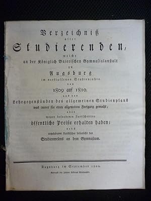 Augsburg - Verzeichnis aller Studierenden welche an der königlichen Gymnasialanstalt zu Augsburg ...