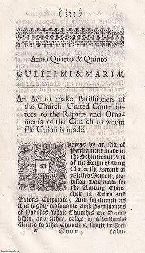 1692. An Act to Make Parishioners of The Church United Contributors to The Repairs and Ornaments ...