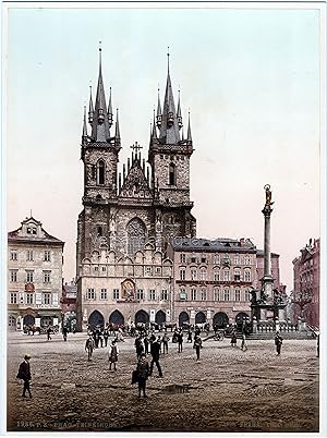 Bild des Verkufers fr Photochromdruck Prag Teinkirche - Praha Tynsky Chram um 1890 zum Verkauf von Versandantiquariat Hsl