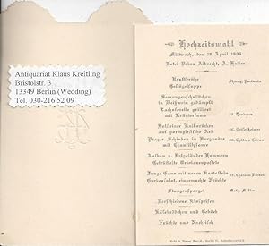 Hochzeitsmahl. Mittwoch, den 18.April 1906 ( im ) Hotel Prinz Albrecht, A.Huster