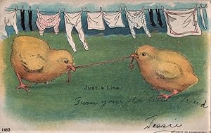 Bild des Verkufers fr clothesline postcard: Chicks with worm zum Verkauf von Mobyville