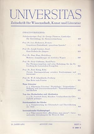 Immagine del venditore per Universitas 15. Jahrgang 1960 - Heft 8 - Zeitschrift fr Wissenschaft, Kunst und Literatur venduto da Versandantiquariat Nussbaum