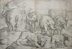 Immagine del venditore per Cuatro elefantes, con un le n y un jabal // Four elephants, two with wooden structures on their backs, with a lion and boar. venduto da Librera Jos Porra Turanzas S.A.