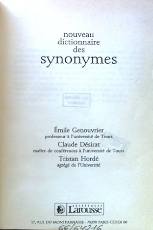 Image du vendeur pour Nouveau dictionnaire des Synonymes; mis en vente par books4less (Versandantiquariat Petra Gros GmbH & Co. KG)