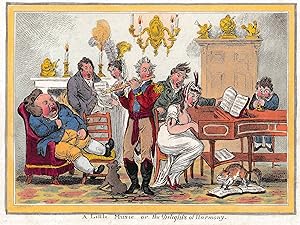 Bild des Verkufers fr 'A LITTLE MUSIC OR THE DELIGHTS OF HARMONY'. In a drawing room, a group of amateur musicians and singers play together. A woman in white sits in three-quarter profile at a harpsichord at the right and sings as she plays. A gentleman in a green jacket sings with her as he leans over her shoulder and turns the pages of the music score entitled On Rosy Bed by Tinkling Billy. A soldier in a red coat stands in the centre and plays a flute. At the left, a fat man in a blue coat is asleep in a red chair, his wig having fallen off, and his legs resting on a rush-seated chair next to him. A couple stands by the fire behind the sleeping man and both sing from a score held by the woman, the feathers in her hair catching fire from a candle on the mante zum Verkauf von Garwood & Voigt