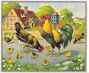 Farbiges Bild - Hahn und Henne mit Küken vor einem Bauernhof, Hühner. Made in Western Germany. So...