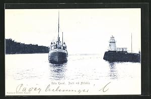 Ansichtskarte Göta Kanal, Leuchtturm mit einfahrendem Kutter S. Platen