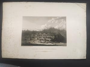 Copper engraving of indigenous village on east coast of Vancouver Island, BC. (Kwakiutl/Kwagulth/...