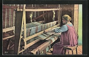 Ansichtskarte Quebec, Weaving the Yarn, Teppich Weberin am WEbstuhl