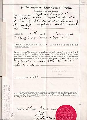 1916 Probate of the Will of Sophia Craigie of The Lodge, Haughton Hall, Tarporley, Cheshire, Exec...