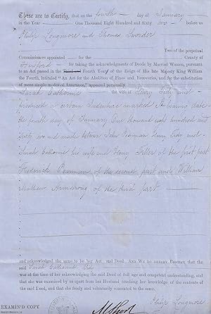 Hertfordshire Commissioners Certificate for taking the acknowledgement of Deeds by Married Women ...
