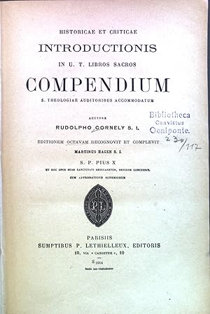 Seller image for Historicae et Criticae Introductionis in U.T. Libros Sacros Compendium s.Theologiae Auditoribus Accommodatum. for sale by books4less (Versandantiquariat Petra Gros GmbH & Co. KG)