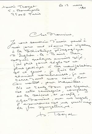 Henri Troyat lettre autographe signée s'isole pour écrire 13 mars 1980