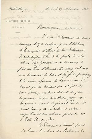 François LENORMANT lettre autographe signée Dupanloup évêque Orléans Alger