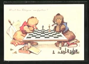 Ansichtskarte Wird der Klügere aufgeben, Bären beim Schachspiel