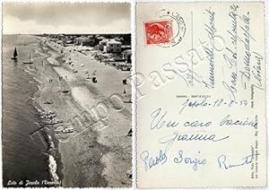 Cartolina di Jesolo, barche a vela e spiaggia con bagnanti - Venezia, 1954