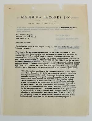 TRUMAN CAPOTE SIGNED CONTRACT COLUMBIA RECORDS