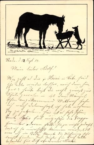 Scherenschnitt Künstler Ansichtskarte / Postkarte Carus, Pferd beim Essen, Hund, Vögel