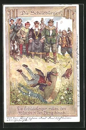 Bild des Verkufers fr Ansichtskarte Sage, Die Schildbrger, Mann mit Kopf im Mhlstein wird einen Berg hinab gerollt zum Verkauf von Bartko-Reher