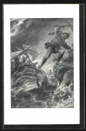 Bild des Verkufers fr Ansichtskarte Sage Wilhelm Tell, Tell`s Sprung aus dem Ruderbott auf das Festland zum Verkauf von Bartko-Reher