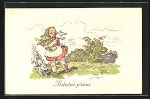 Seller image for Knstler-Ansichtskarte M. Fischerova-Kvechova (MFK): Srdecn prni, Mdchen mit ihrem Hund beim Umhertollen for sale by Bartko-Reher